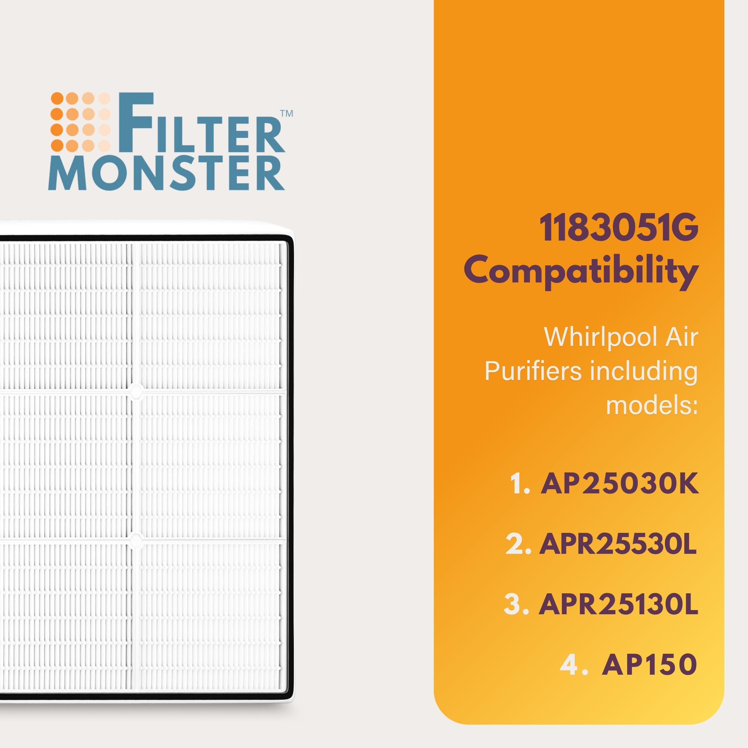 Filter-Monster True HEPA Replacement for Whirlpool 1183051K Filter 1183051 G