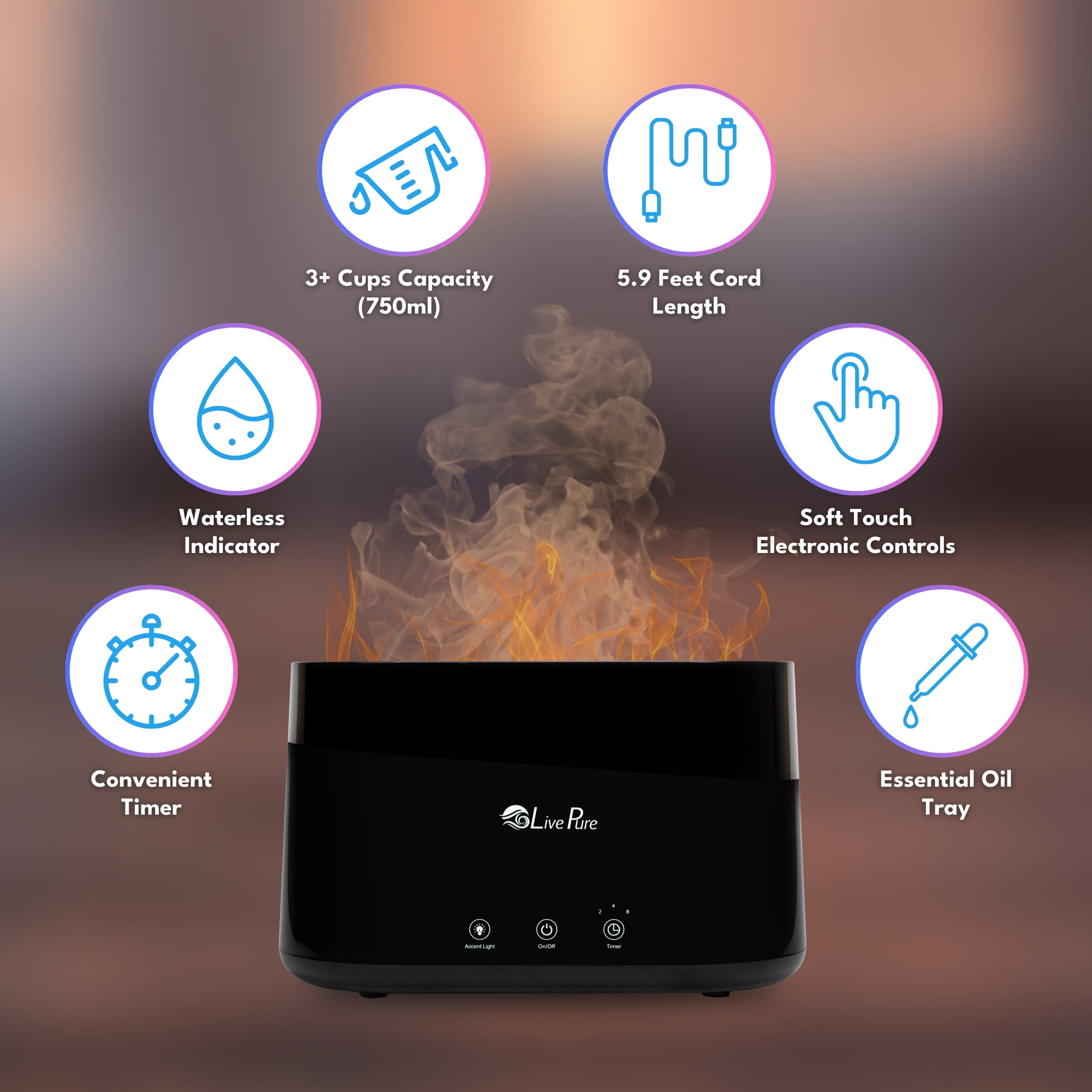 LivePure Aqua Flame Ultrasonic .75L / 0.20 Gal  Humidifier LP350HUM