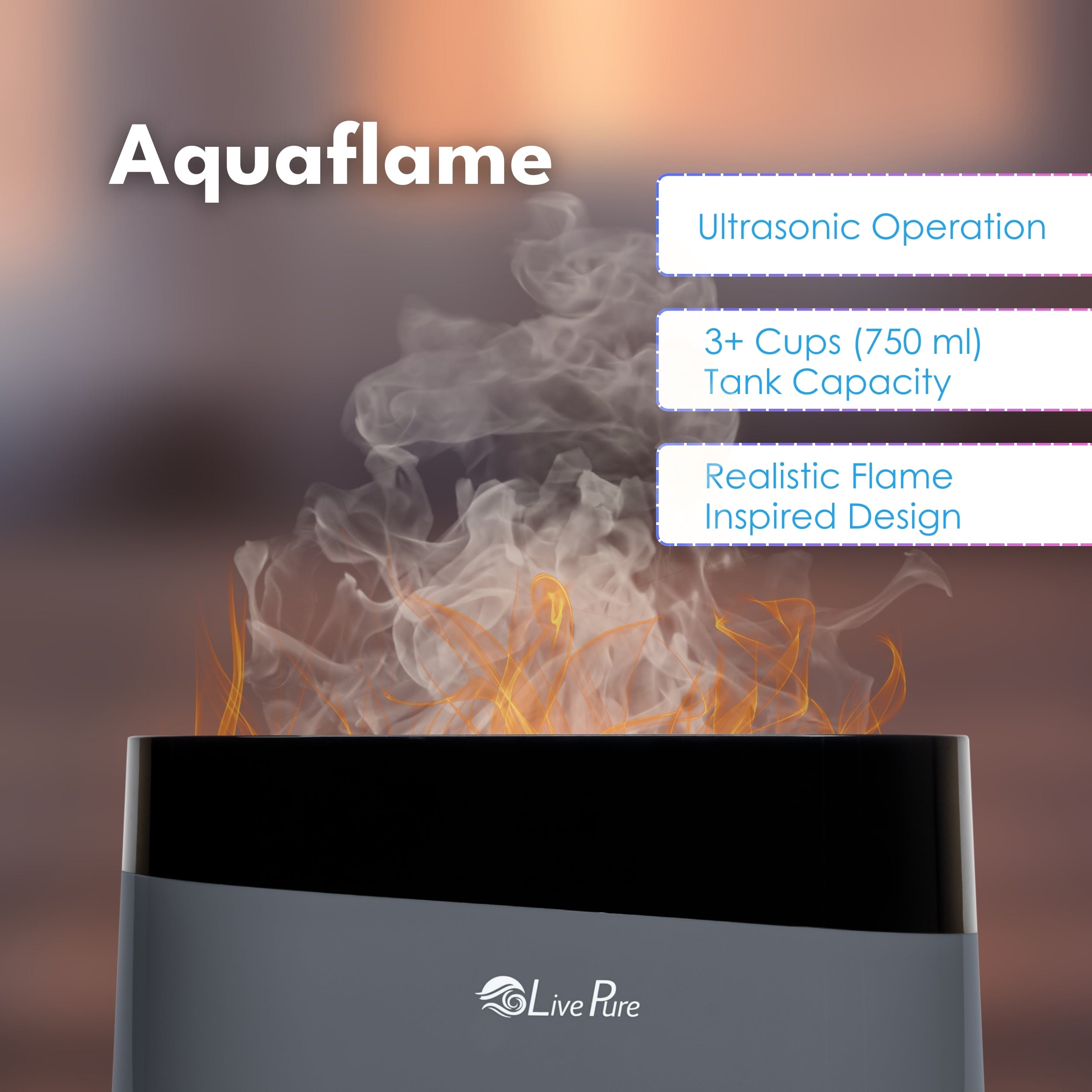 LivePure Aqua Flame Ultrasonic .75L / 0.20 Gal  Humidifier LP350HUM
