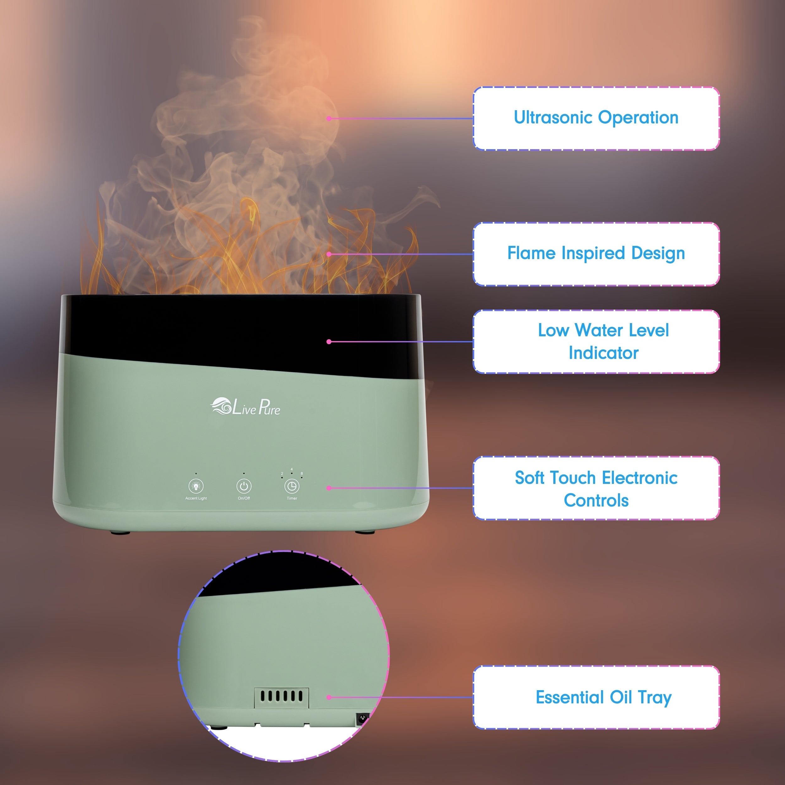 LivePure Aqua Flame Ultrasonic .75L / 0.20 Gal  Humidifier LP350HUM