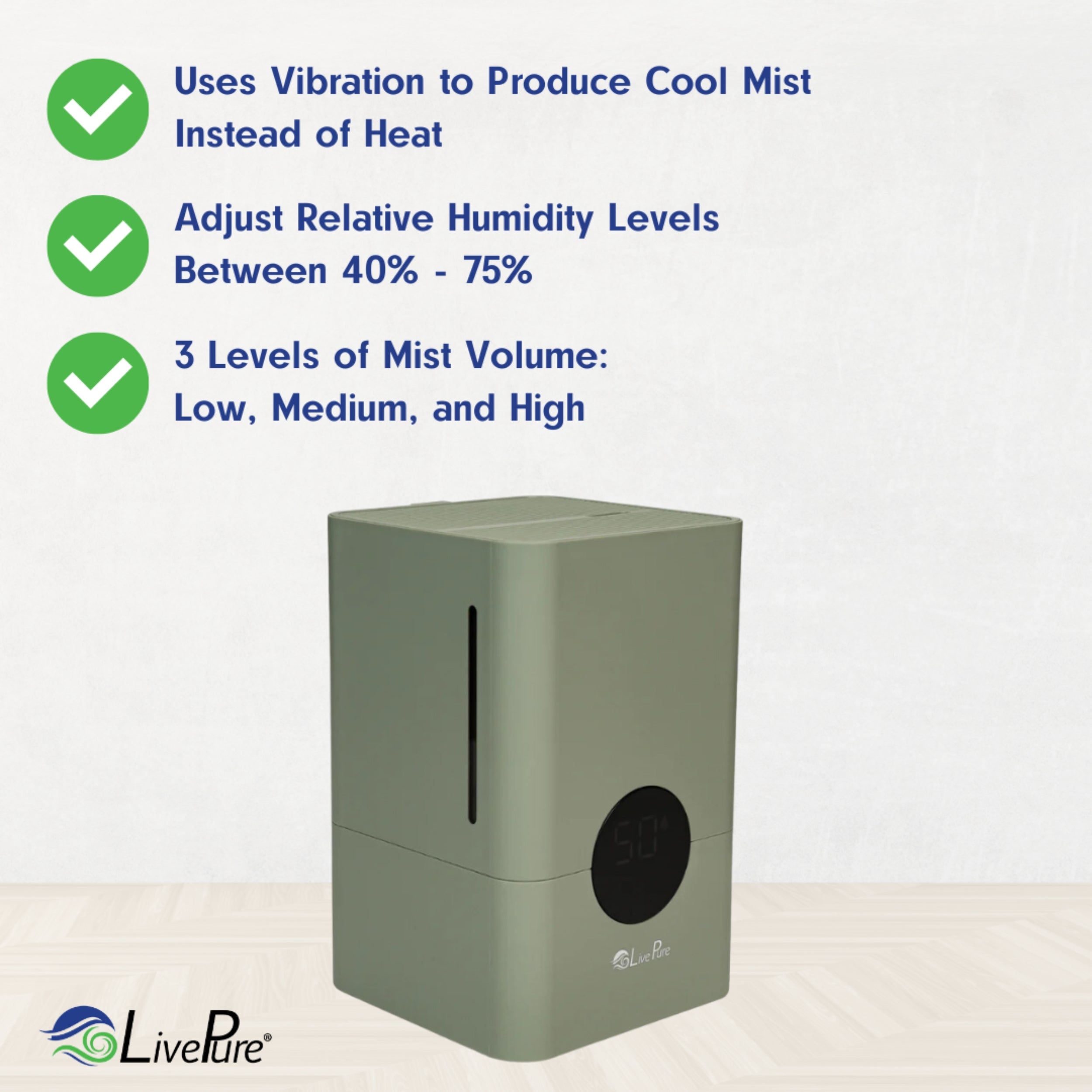 LivePure 1.2 L (.3 Gallon) Ultrasonic Cool Mist Top Fill Digital Humidifier with LED Display Screen LP850HUM