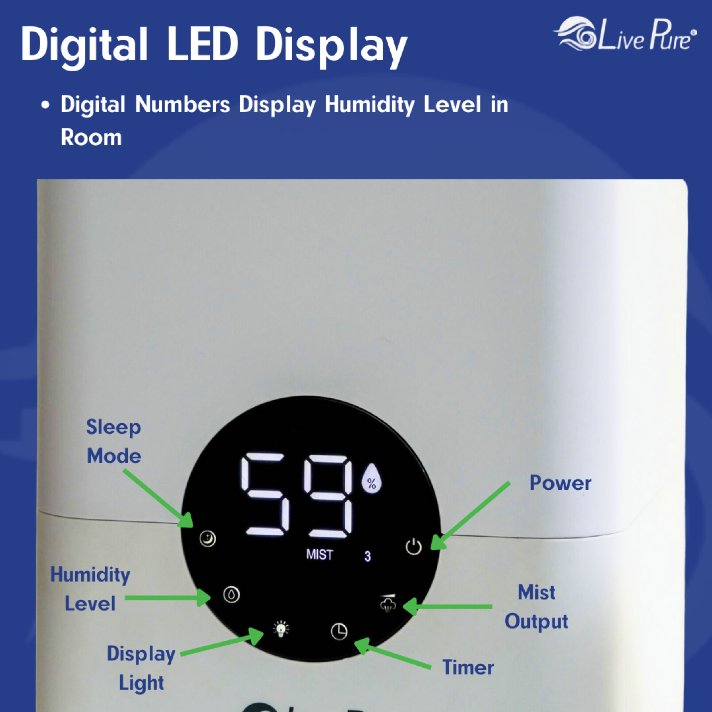 LivePure 1.2 L (.3 Gallon) Ultrasonic Cool Mist Top Fill Digital Humidifier with LED Display Screen LP850HUM