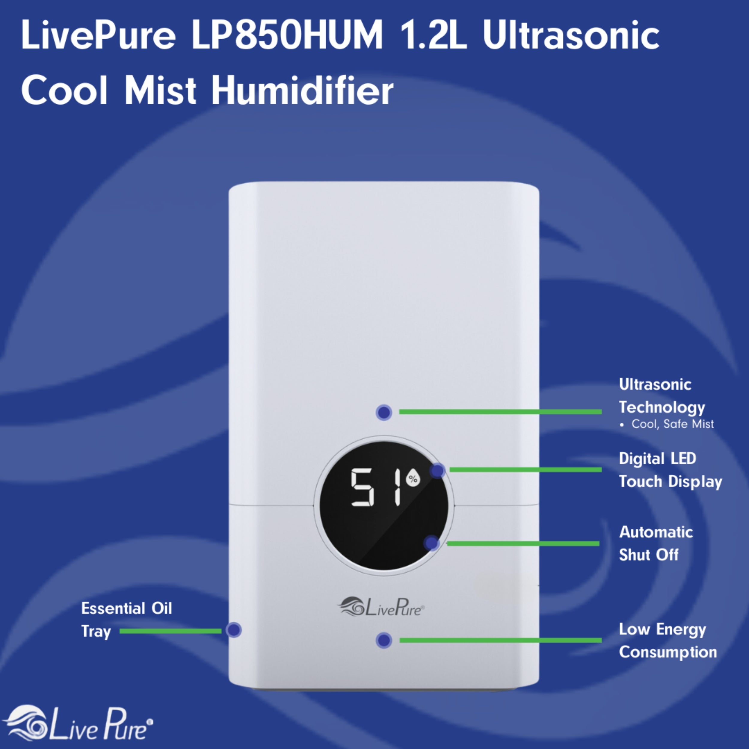 LivePure 1.2 L (.3 Gallon) Ultrasonic Cool Mist Top Fill Digital Humidifier with LED Display Screen LP850HUM